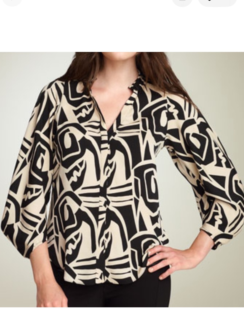 Diane Von Furstenberg silk Black and Cream Abstract Print flicker Blouse
